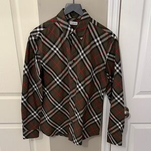Burberry Men's Olive Plaid Button-Down Shirt